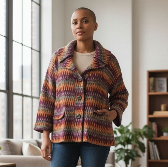 Multiples Colorful Zigzag Knit Cardigan With Big Buttons, Womens Plus 1X - Picture 1 of 4